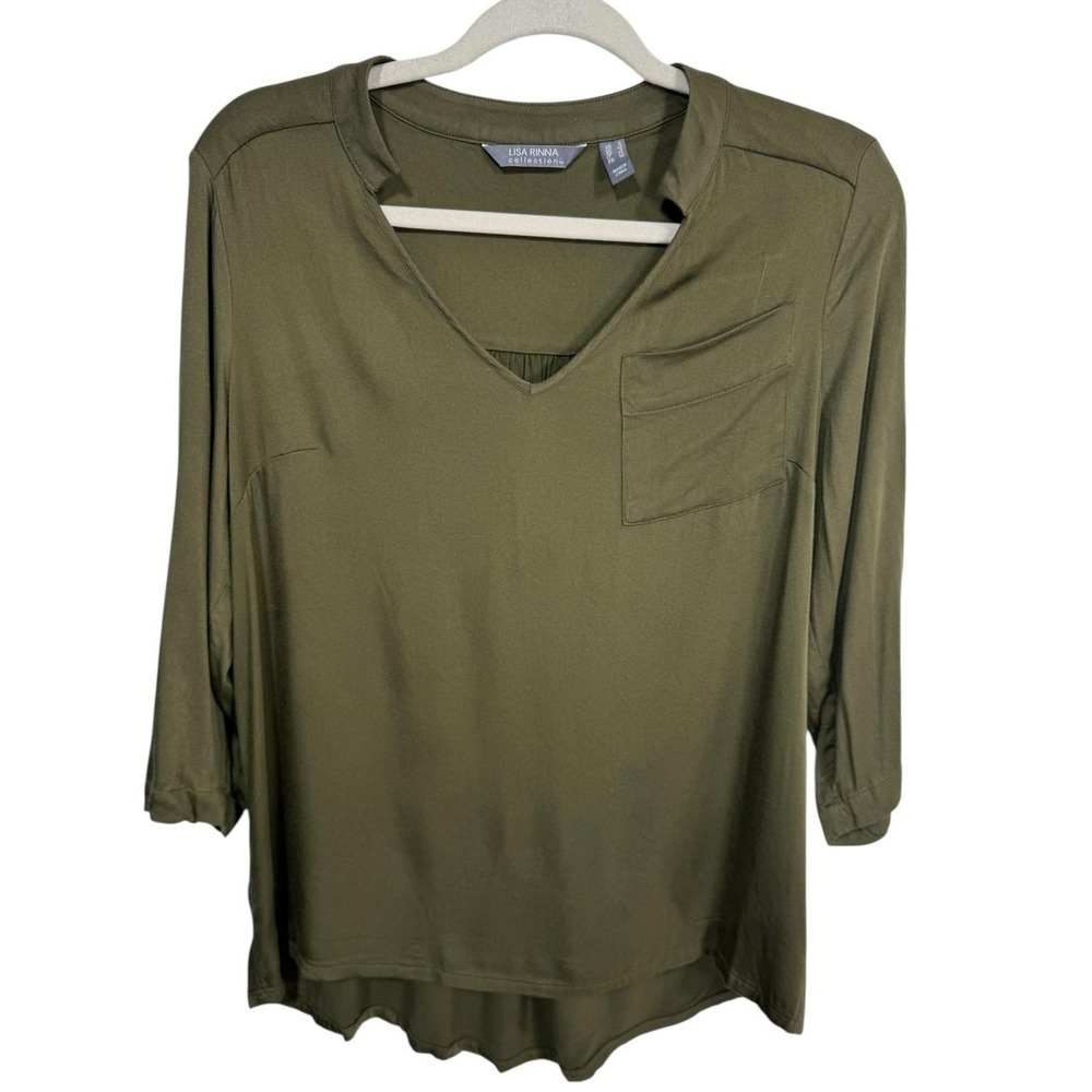 Lisa Rinna Collection Olive Green Popover Blouse Stretch Rayon 3/4 Sleeve Medium